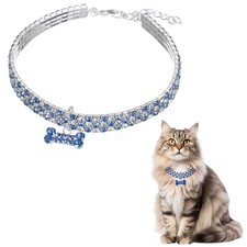 Rhinestone Cat Collar, with Bone Pendant 8-10 In, Blue/White for Pet