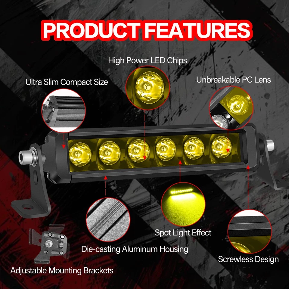 2x 6/8" Yellow LED Light Bars Single Row Fog Work Driving Truck UTV ATV SUV Boat Foto 3 de 4