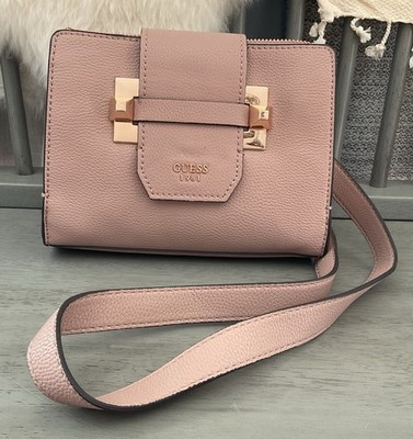 Guess 1981 Talan Crossbody Pink Mauve Rosewood Zip Top Flip Over Rosegold Trim