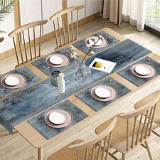 Vintage Blue Grey Table Runner and Placemats Set of 6, Modern Abstract P
