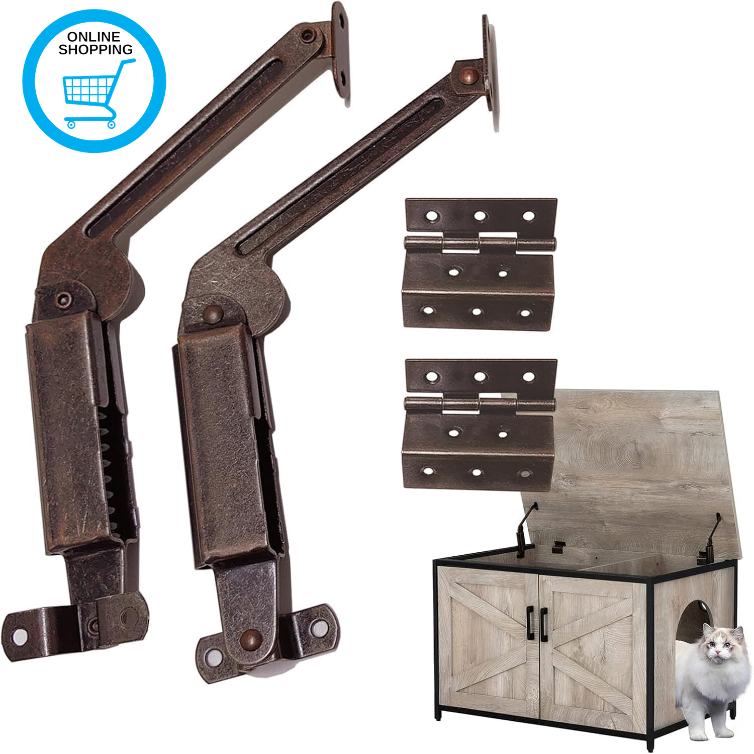 Antique Bronze Lid Support Hinges & Two Folding Hardware Hinge, Set of 4