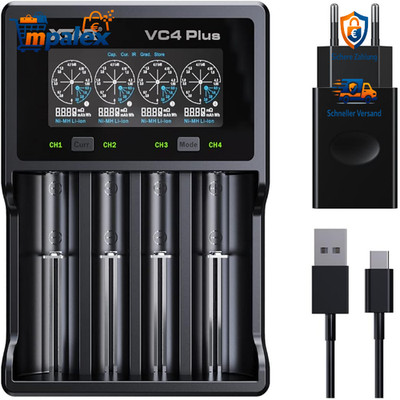 XTAR VC4 Plus 18650 Ladegerät 4 Slot 3A Schnellladen Li-Ion NiMH LCD Schwarz
