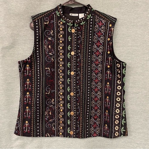 Units Black Embellished Buttoned Vest with Mandarin Collar Embroidered Cotton Lg - Afbeelding 1 van 6