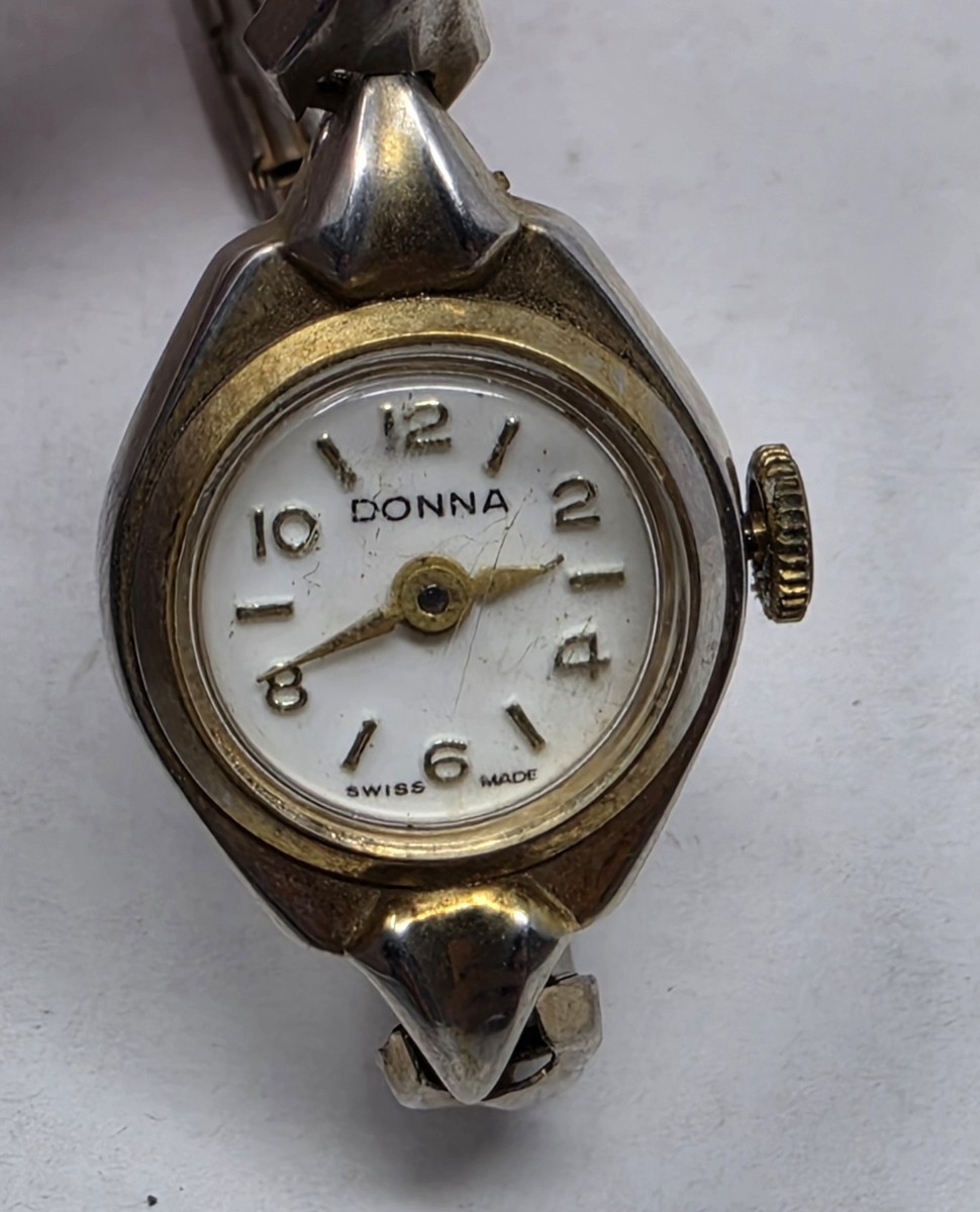   Swiss Made 時計 Vintage Donna Ladies Watch Two Tone Expansion Band White Dial