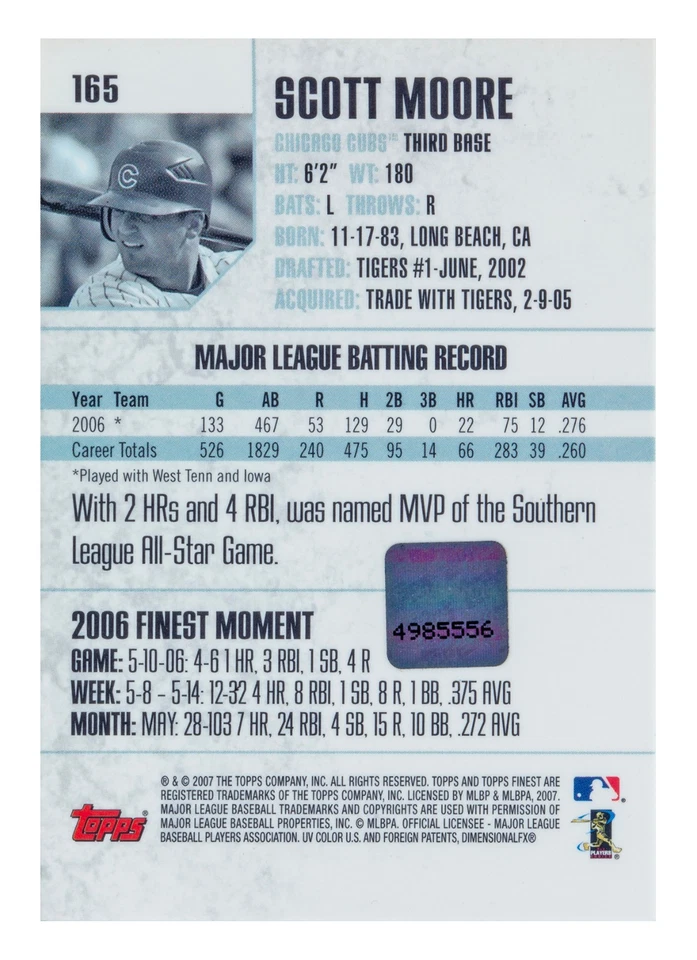 Scott Moore, 2003 Topps Finest Autograph Rookie Card. COA - Image 2 of 2