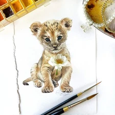 Original Watercolor Baby Lion 6x9 Painting Unique Artwork Small Wall Art