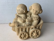 VINTAGE STONE ART FIGURE KIDS IN WAGON - MARBELL BELGIUM