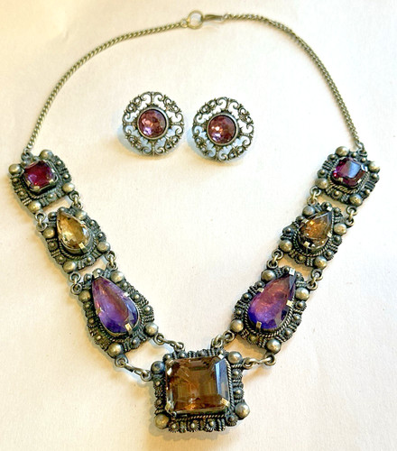 Vintage Necklace & Slightly Used Earrings Purple and Smokey Gray Stones