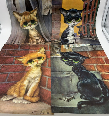 Vintage Set of 4 PITY KITTY / BIG EYES Lithograph Posters by GIG 10'' X 14'' 1965