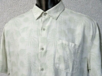 Mens NAT NAST Button Front Shirt Short Sleeve Size XL Silk Cotton Green Beige