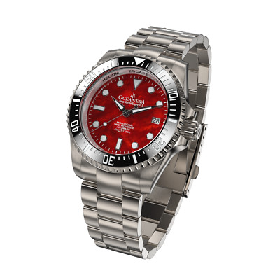 Oceaneva  Men's Deep Marine Explorer II 1250M Titanium Watch Red Mother of Pearl