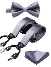 Grey Bow Tie and Suspenders for Men Solid Handkerchief 6 Clips Adjustable Y S...
