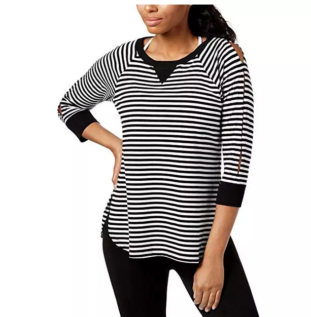 Calvin Klein Performance Women's Striped Keyhole-Sleeve Curved-Hem Top, XL