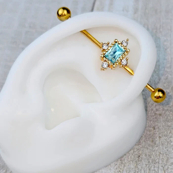 Barra industrial de oro amarillo de 14 K de aguamarina y diamantes 38 mm