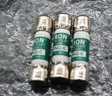 Three (3) Bussmann FNQ6 Time-Delay Midget Fuses 6A 500VAC BUSS TRON Green NEW
