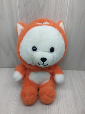Kellytoy Plush Hooded White Teddy Bear in Orange Fox Costume Bee Happy Soft Toy