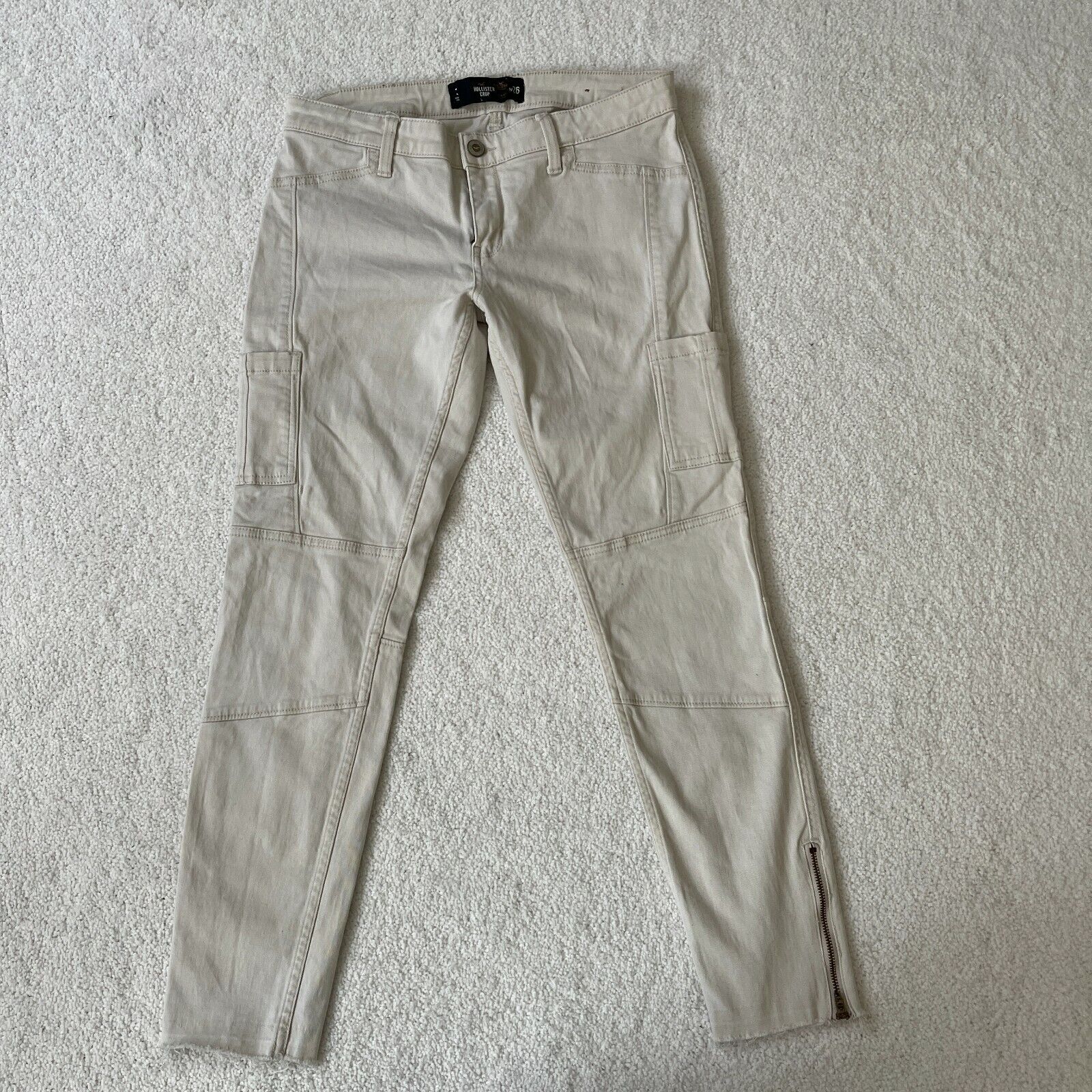 Hollister Cargo Pants Womens Size 26 Cream Stretch Ankle Zip Crop Skinny  Casual