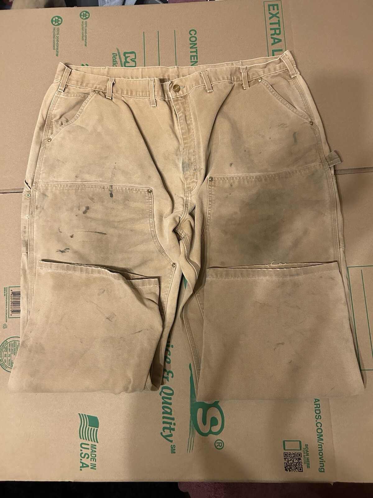 VINTAGE Carhartt Double Knee Pants 48x32 Tan Canvas B01 USA Union Made