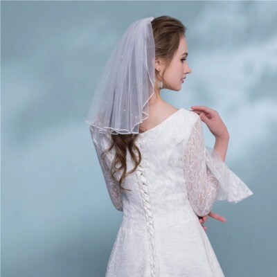 Crystal beaded Short Veil ELAWBTY Womens 1 Tier Fingertip Length Short Crystal Beaded  main image 2