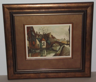 Le Quai Vert framed matted print 19''x17.5'' Belgium waterway signed Cli Chaulaut