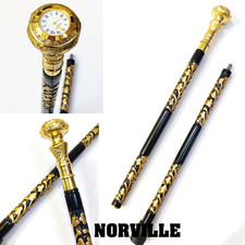 Antique Hand Carved Walking Stick Wooden Cane With Clock Watch Brass Handle cane