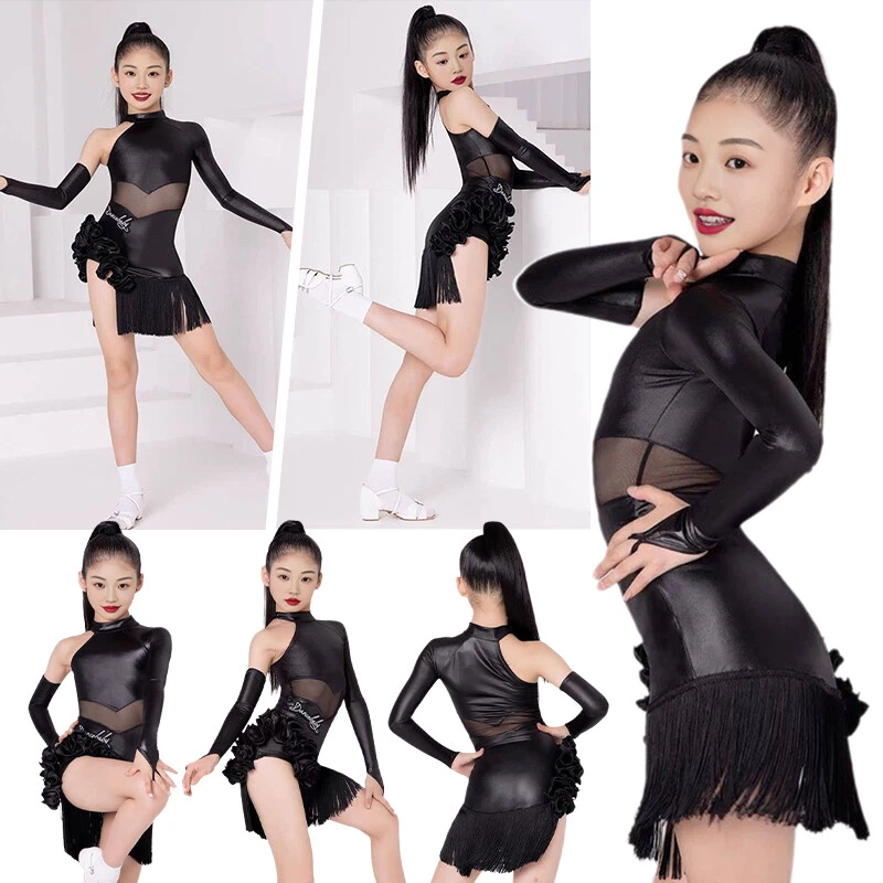 Girls Latin Jazz Modern Dance Costume One-Sleeve Fringe Skirt Competition Dress - Image 3 of 4