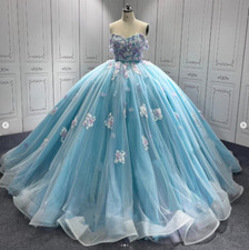 Princess 3D Flowers Quinceanera Dresses Blue Sweet 15 16 Prom Party Ball Gowns