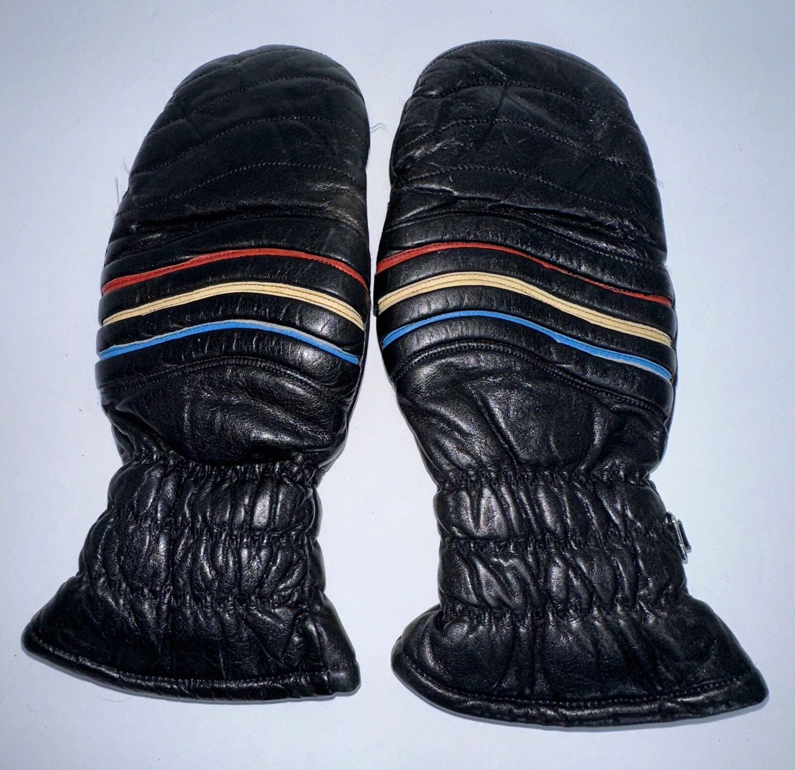 Vintage 70s 80s SKITIQUE Black Leather Winter Snow Ski Mittens Womens Sz M