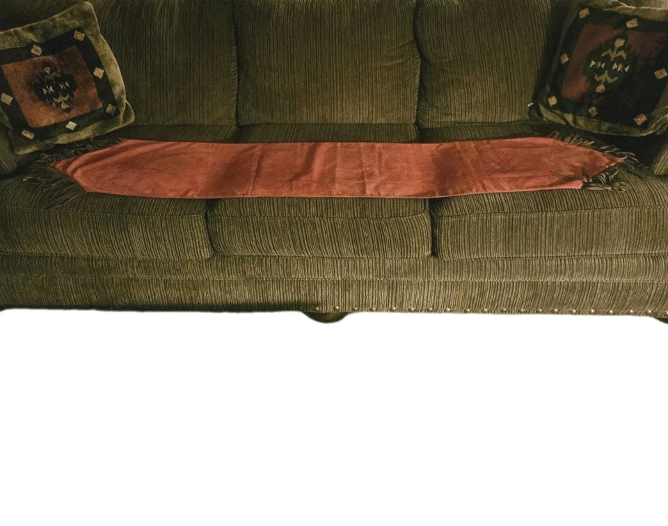 VTG Western Faux Suede Table Runner Embossed Fringe Reversible Red Brown 78x14" - Image 4 of 4