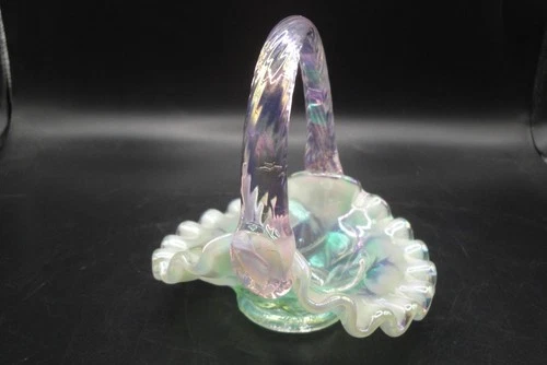 Vintage Fenton Pink Handle Miniature Glass Basket Iridescent Green Opalescent 4”