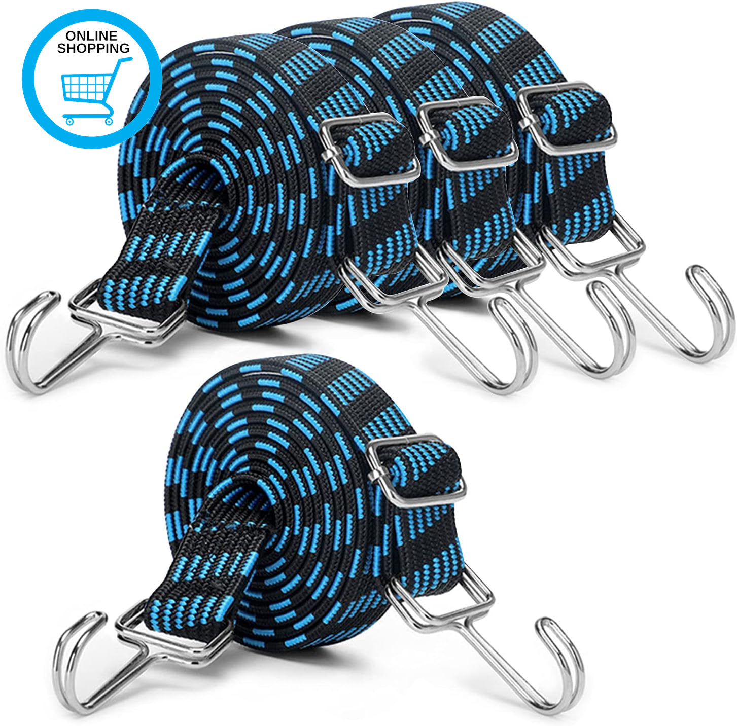 2M Long Bungee Cords with Hooks, 4 Pack Adjustable Flat Elasticity Rope Set, Lar