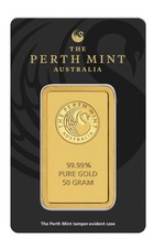 The Perth Mint 50 Gram.9999 Fine Gold Bullion Bar In Assay 3410.47 per troy oz
