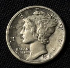 1916-S Mercury 10c Dime Coin, 90% Silver, 17.9mm, KM#140