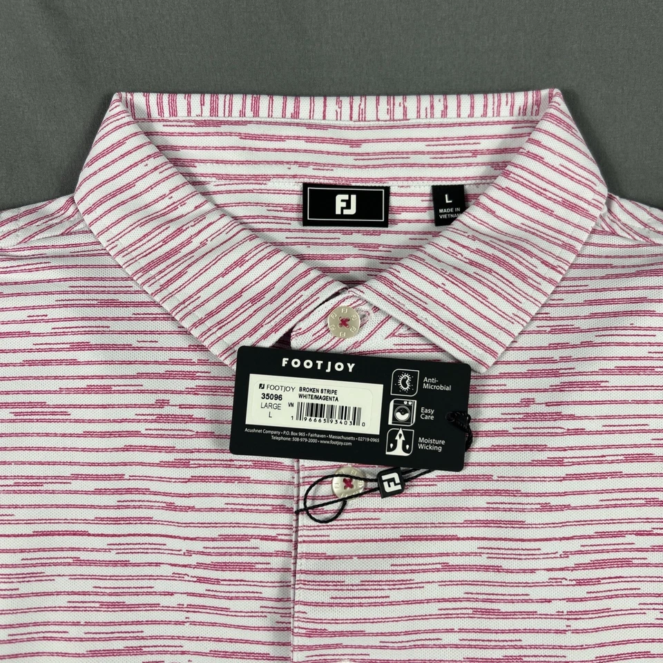 FootJoy Golf Shirt Polo Broken Stripe Large White Magenta Polyester NWT MSRP $88 - Image 2 of 4