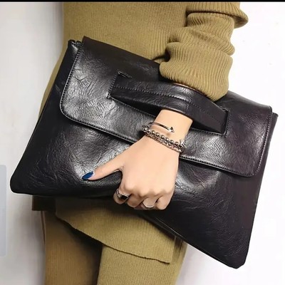 Large Black Clutch Bag Vegan Leather Elegant Lightweight Evening Handbag Pockets