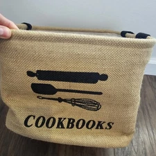 COOKBOOKS BURLAP STORAGE  BASKET TOTE PRIMITIVE DECOR Cookbook Kitchen Display