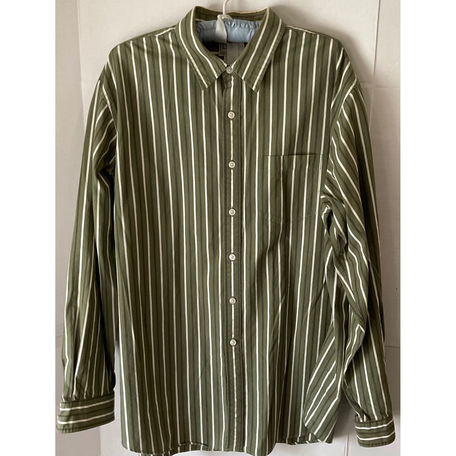 LL Bean Mens Long Sleeve Button Down Shirt Olive Green White Stripe Cotton XL