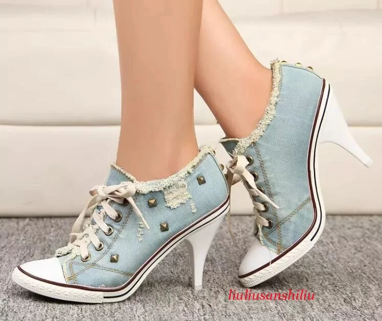 Womens Canvas Shoes Denim High Heels Rivets Shoes Pointy Toe Sneakers Pumps New