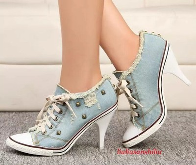 Womens Canvas Shoes Denim High Heels Rivets Shoes Pointy Toe Sneakers Pumps New