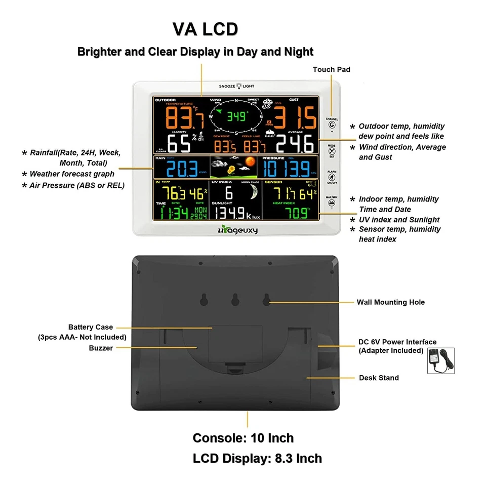 Urageuxy Wireless Wi-fi Weather Station with 10" Big Color LCD Display - OpenBox - Image 4 of 4