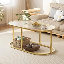 Oval Glass Coffee Table Gold Metal Frame for Living Room Bedroom Home Office