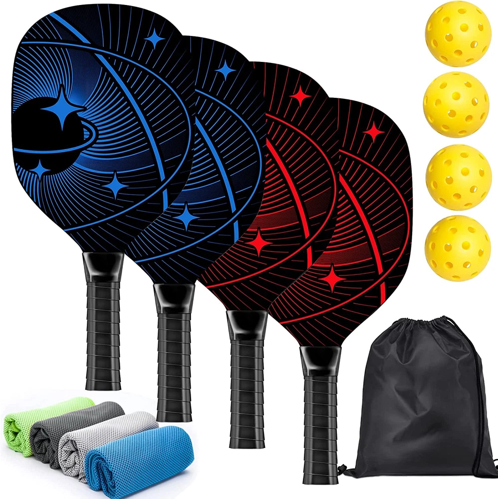 Pickleball Set with 4 Wood Paddles, 4 Balls, 4 Towels & Carry Bag