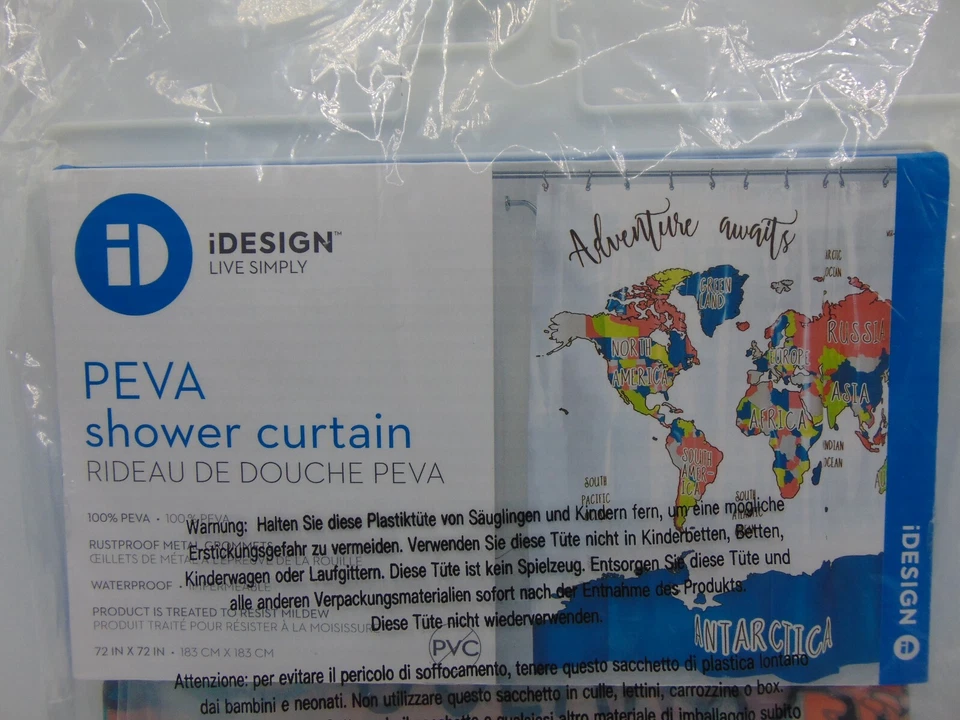 Cortina de Ducha iDesign Mapa del Mundo, 72" x 72" 100% Peva Nuevo Paquete Sellado Foto 2 de 4