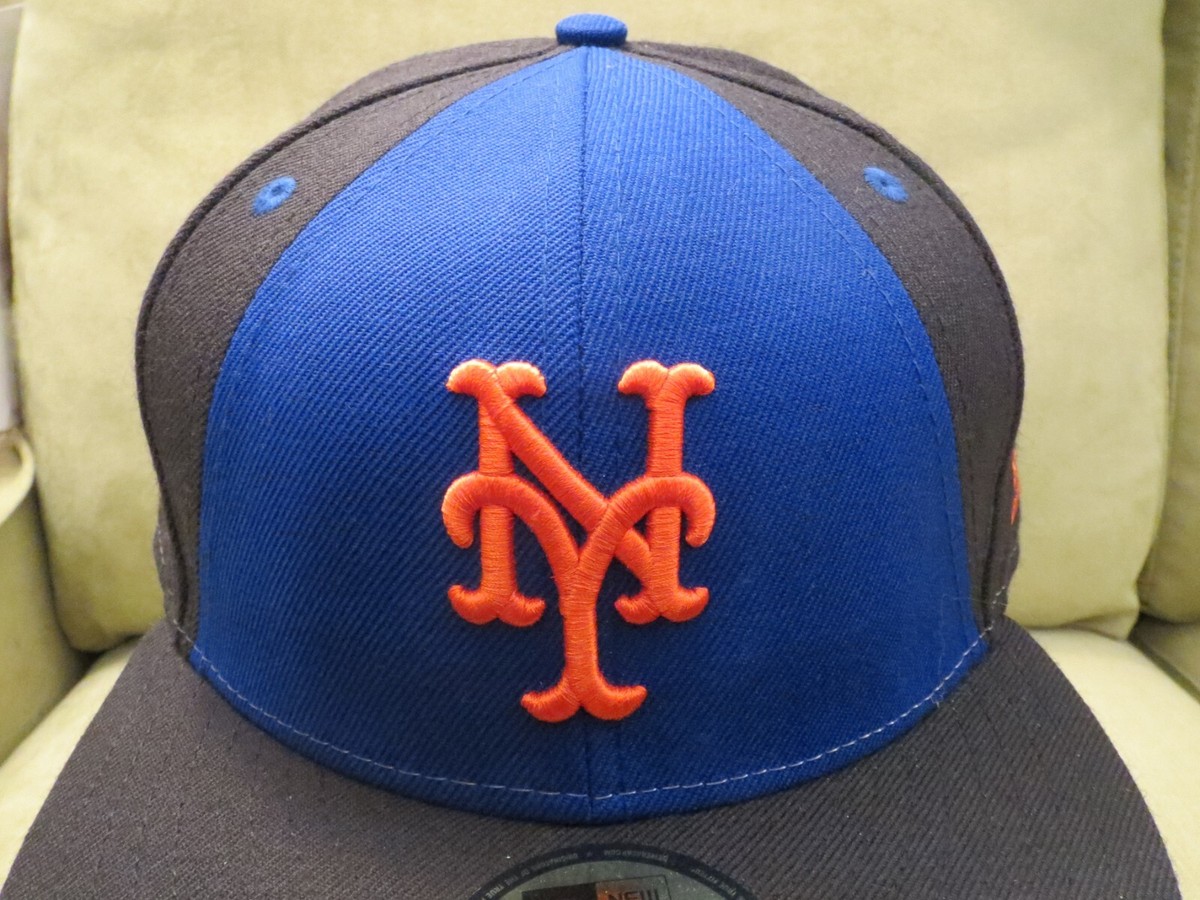 New Era NY Mets Black Fitted Hat, Blue Front Wedge, Orange Logo