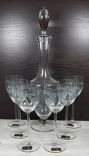 Toscany Decanter With 6 Snifter Glasses Hand Blown Etched Clipper Ship Vintage