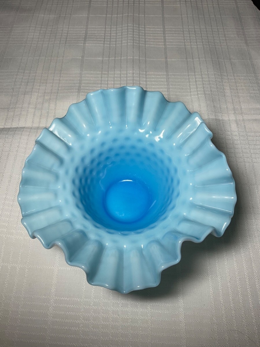 VTG Fenton Aqua Blue With White Overlay Hobnail Ruffle Candy Dish