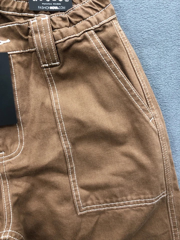 Fashion Nova Womens Cargo Jean Pants Size 3 Brown Straight Leg Utility - Image 3 of 4