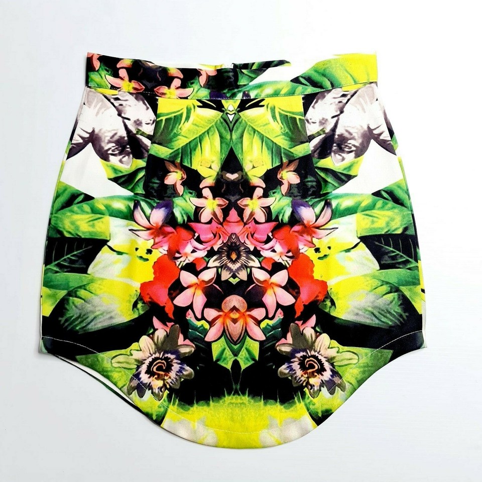 AVA Size 8 Green Floral High Low Round Hem Short Mini Skirt 