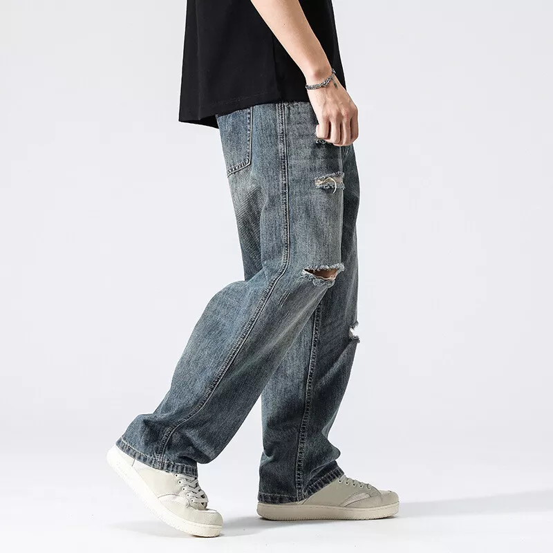 Men Vintage Ripped Jeans Wide Leg Denim Pants Distressed Trousers