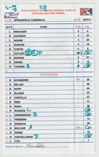 6-27-11 Springfield Cardinals Game Used Lineup Card  St. Louis Cardinals AA Team